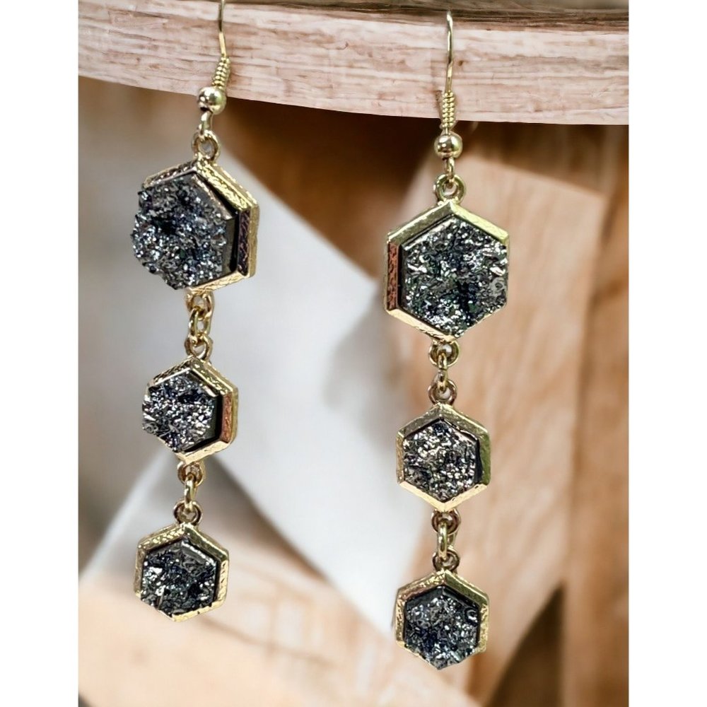Vintage Dangle Earrings Gold Tone Druzy Style 3 Tier Hexagon